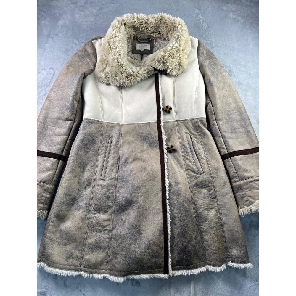 Laundry by Shelli Segal Faux Shearling Coat Cream Taupe Vegan Suede Jacket Med